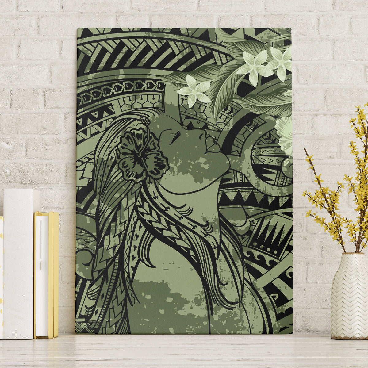 Pacific Beauty Girl Canvas Wall Art Green Polyneisan Tribal Vintage Motif LT9 Without Frame Green - Polynesian Pride