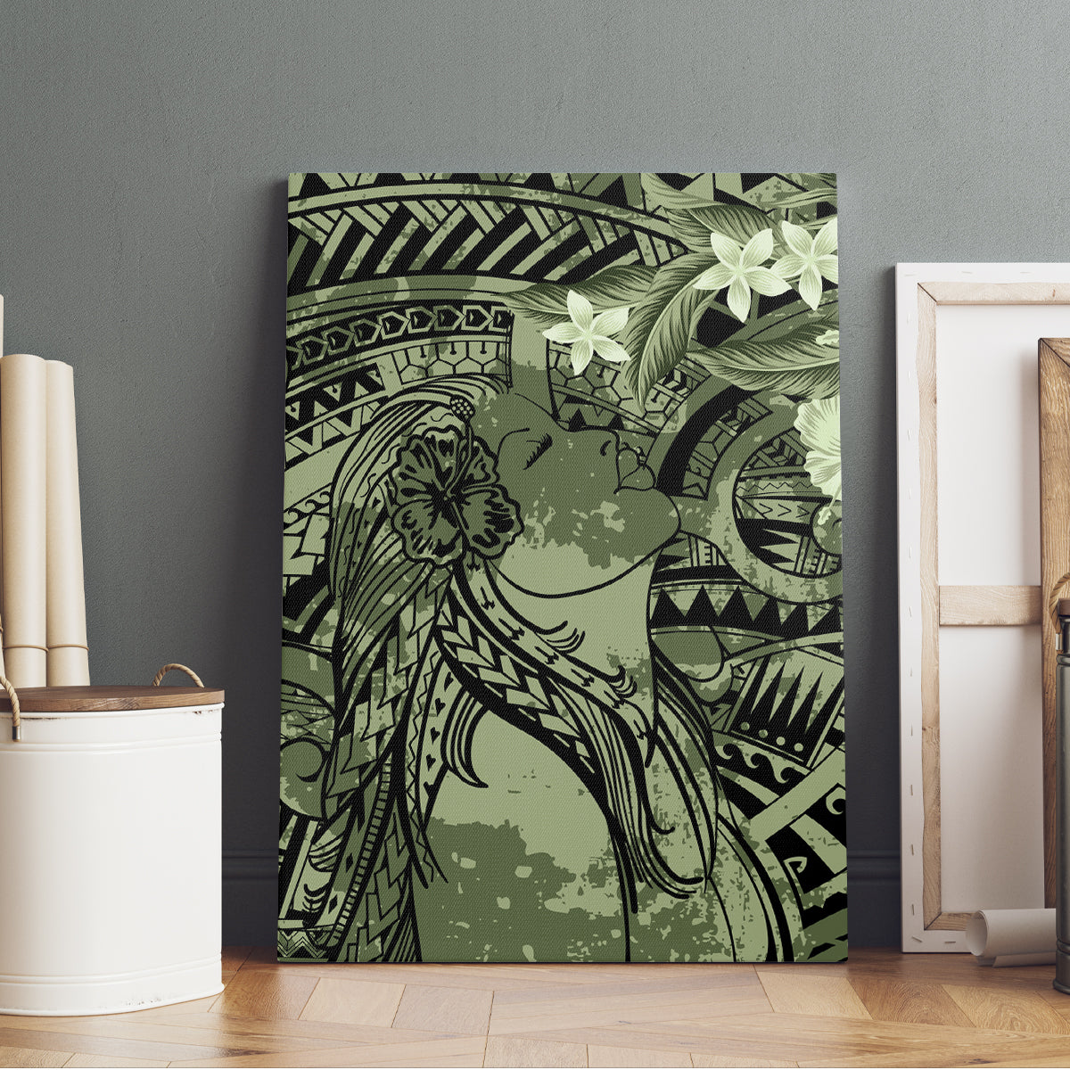 Pacific Beauty Girl Canvas Wall Art Green Polyneisan Tribal Vintage Motif LT9 - Polynesian Pride