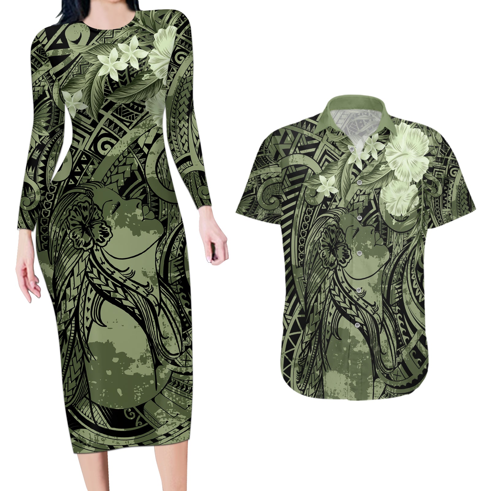 Pacific Beauty Girl Couples Matching Long Sleeve Bodycon Dress and Hawaiian Shirt Green Polyneisan Tribal Vintage Motif