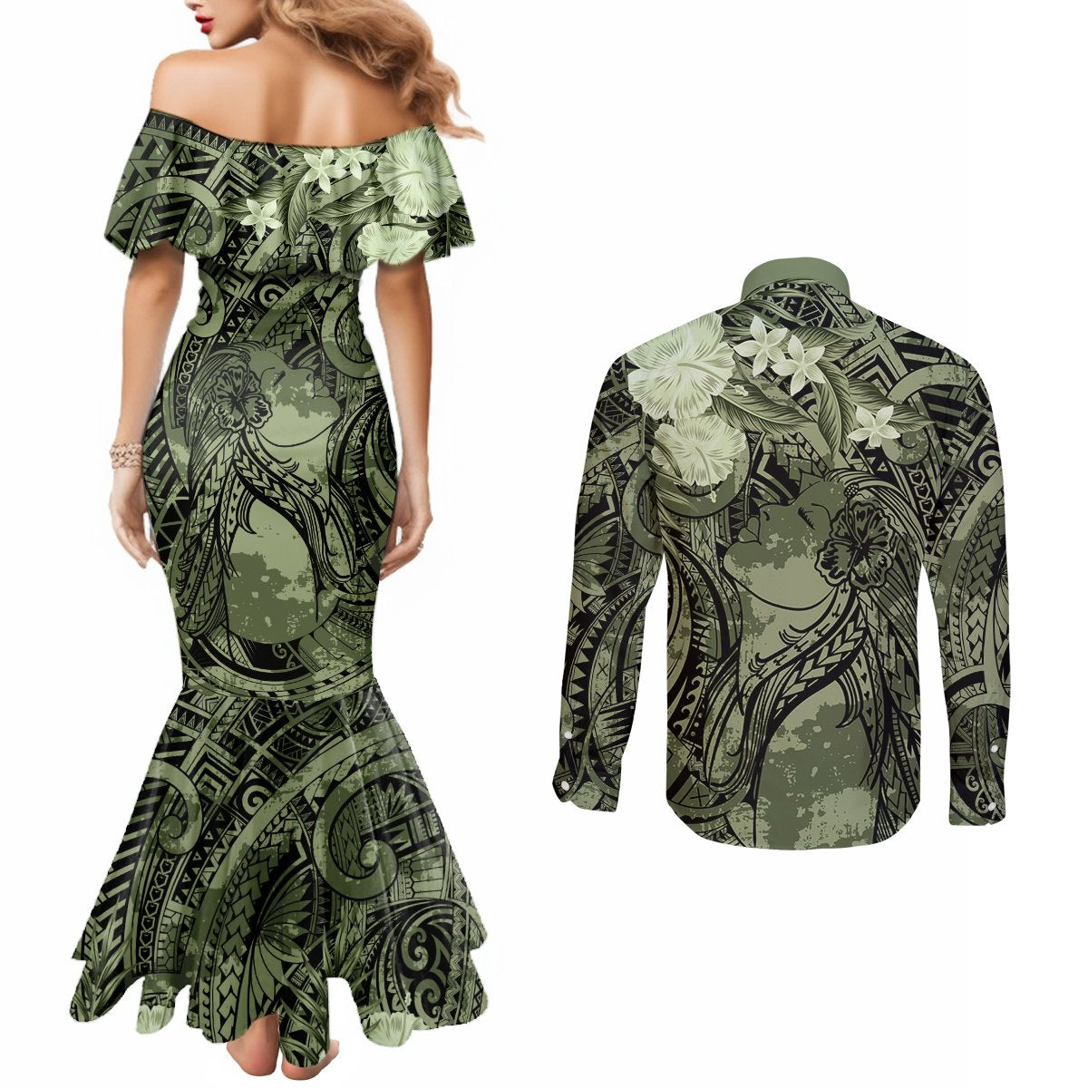 Pacific Beauty Girl Couples Matching Mermaid Dress and Long Sleeve Button Shirt Green Polyneisan Tribal Vintage Motif