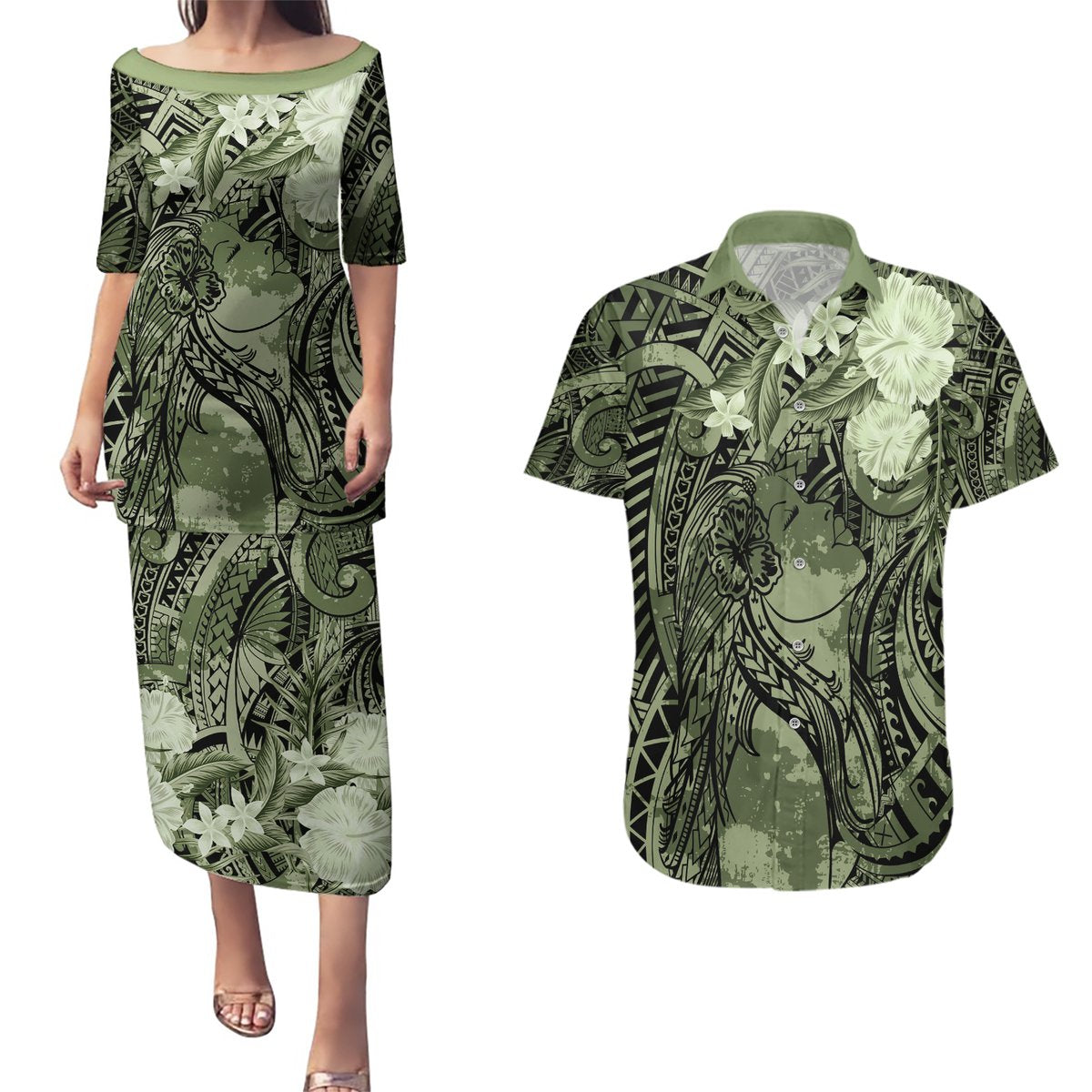Pacific Beauty Girl Couples Matching Puletasi and Hawaiian Shirt Green Polyneisan Tribal Vintage Motif LT9 Green - Polynesian Pride