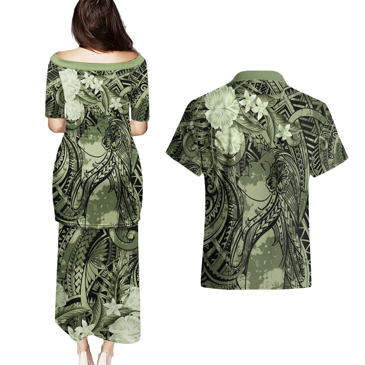Pacific Beauty Girl Couples Matching Puletasi and Hawaiian Shirt Green Polyneisan Tribal Vintage Motif