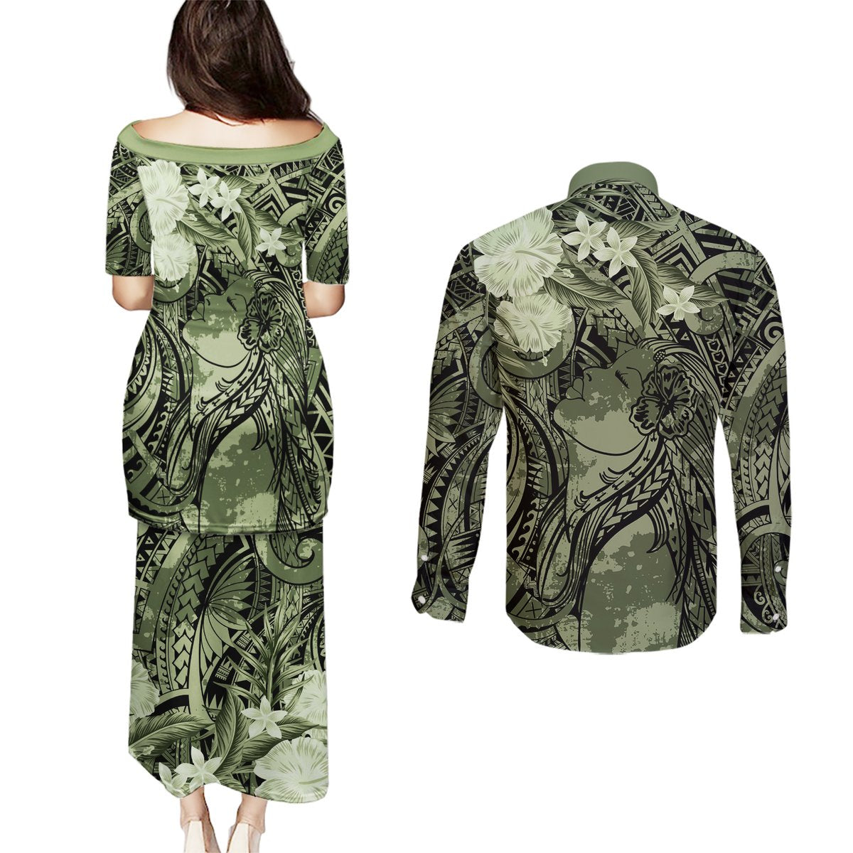 Pacific Beauty Girl Couples Matching Puletasi and Long Sleeve Button Shirt Green Polyneisan Tribal Vintage Motif LT9 - Polynesian Pride