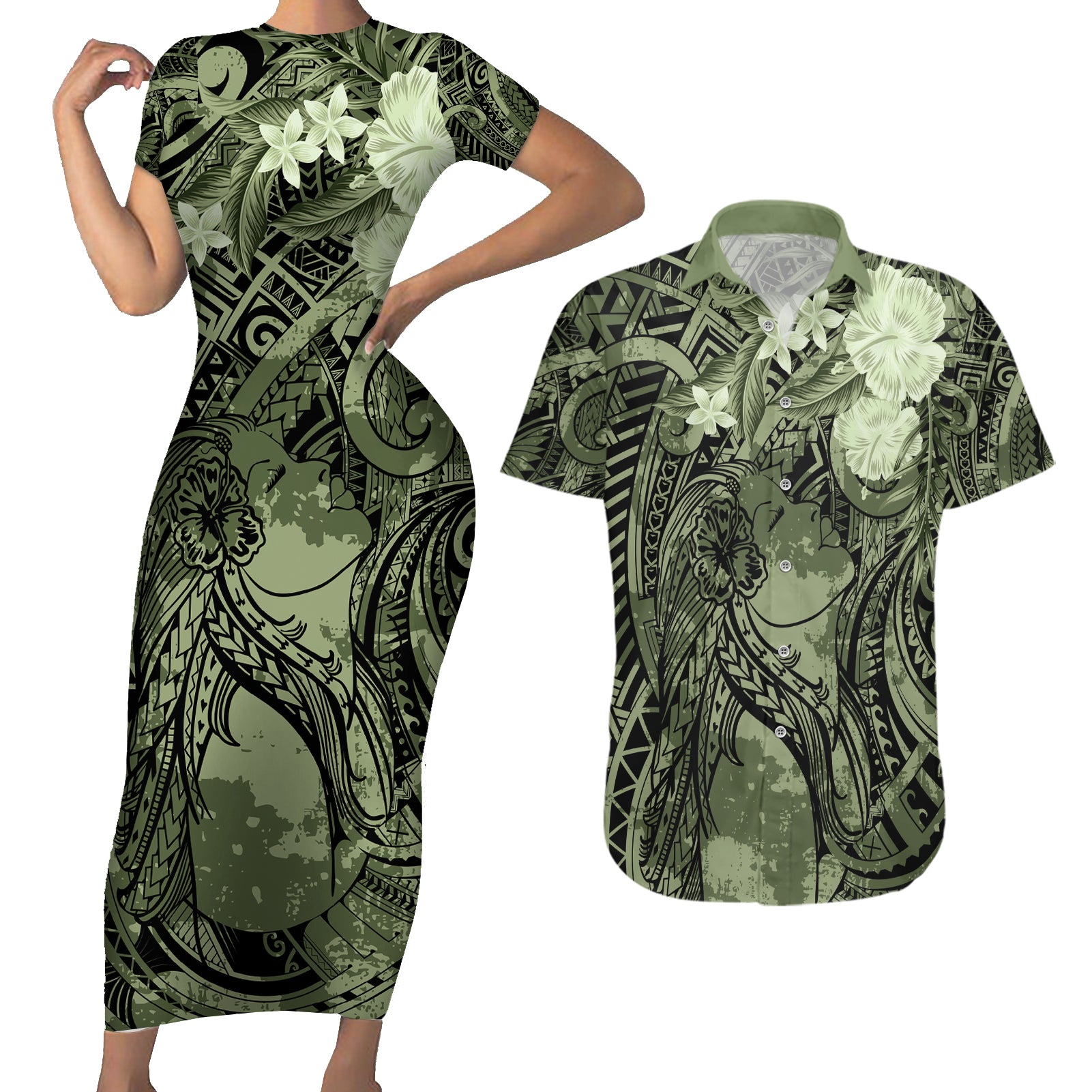 Pacific Beauty Girl Couples Matching Short Sleeve Bodycon Dress and Hawaiian Shirt Green Polyneisan Tribal Vintage Motif