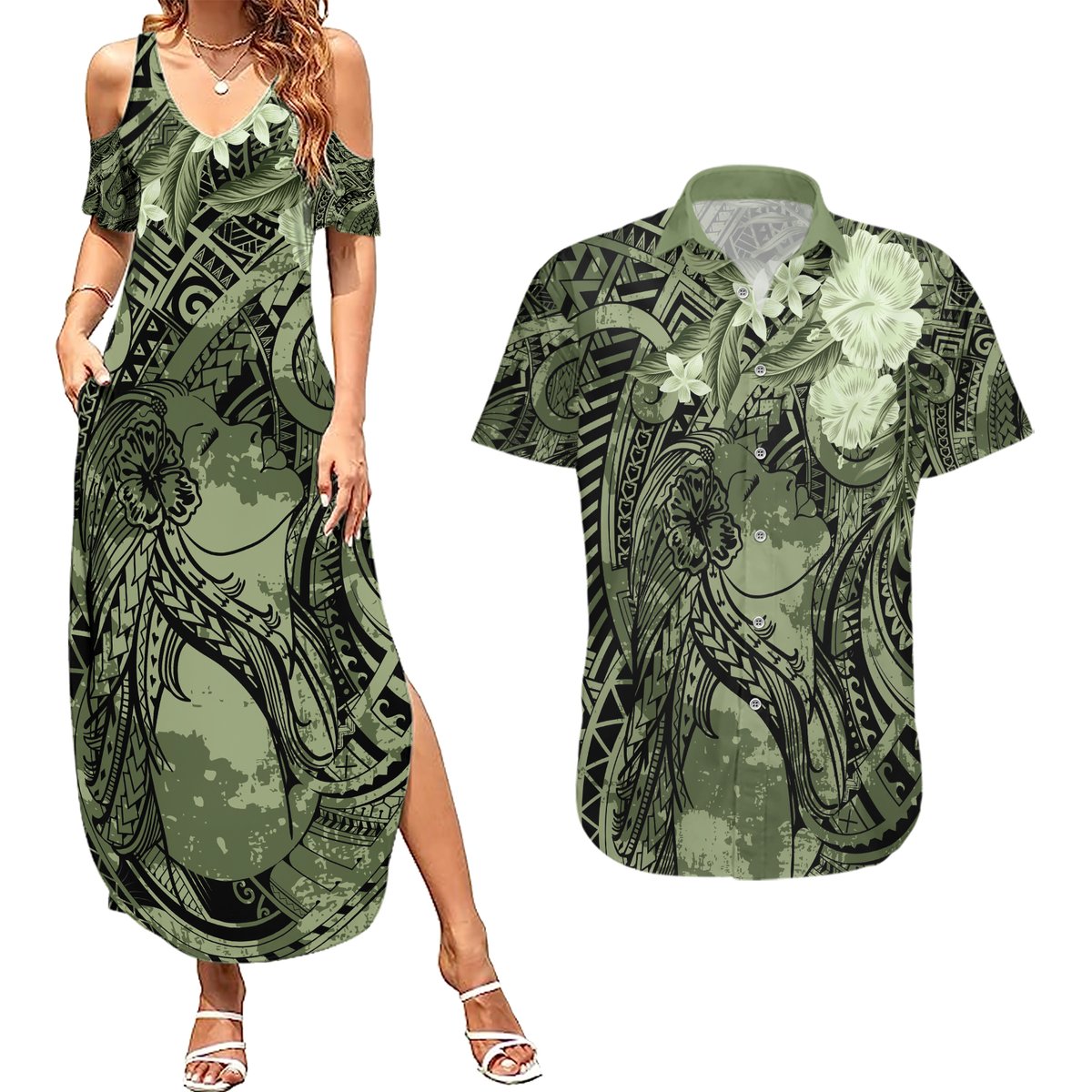 Pacific Beauty Girl Couples Matching Summer Maxi Dress and Hawaiian Shirt Green Polyneisan Tribal Vintage Motif