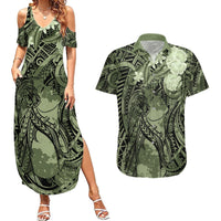 Pacific Beauty Girl Couples Matching Summer Maxi Dress and Hawaiian Shirt Green Polyneisan Tribal Vintage Motif