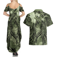 Pacific Beauty Girl Couples Matching Summer Maxi Dress and Hawaiian Shirt Green Polyneisan Tribal Vintage Motif