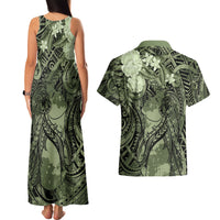 Pacific Beauty Girl Couples Matching Tank Maxi Dress and Hawaiian Shirt Green Polyneisan Tribal Vintage Motif