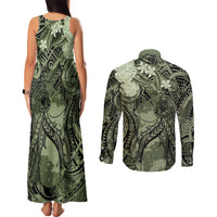 Pacific Beauty Girl Couples Matching Tank Maxi Dress and Long Sleeve Button Shirt Green Polyneisan Tribal Vintage Motif