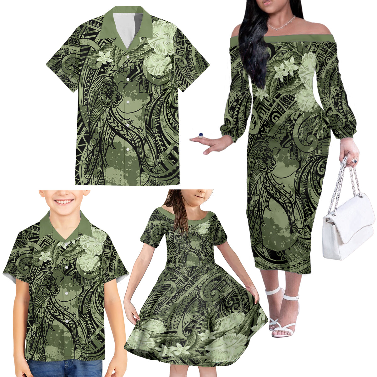 Pacific Beauty Girl Family Matching Off The Shoulder Long Sleeve Dress and Hawaiian Shirt Green Polyneisan Tribal Vintage Motif