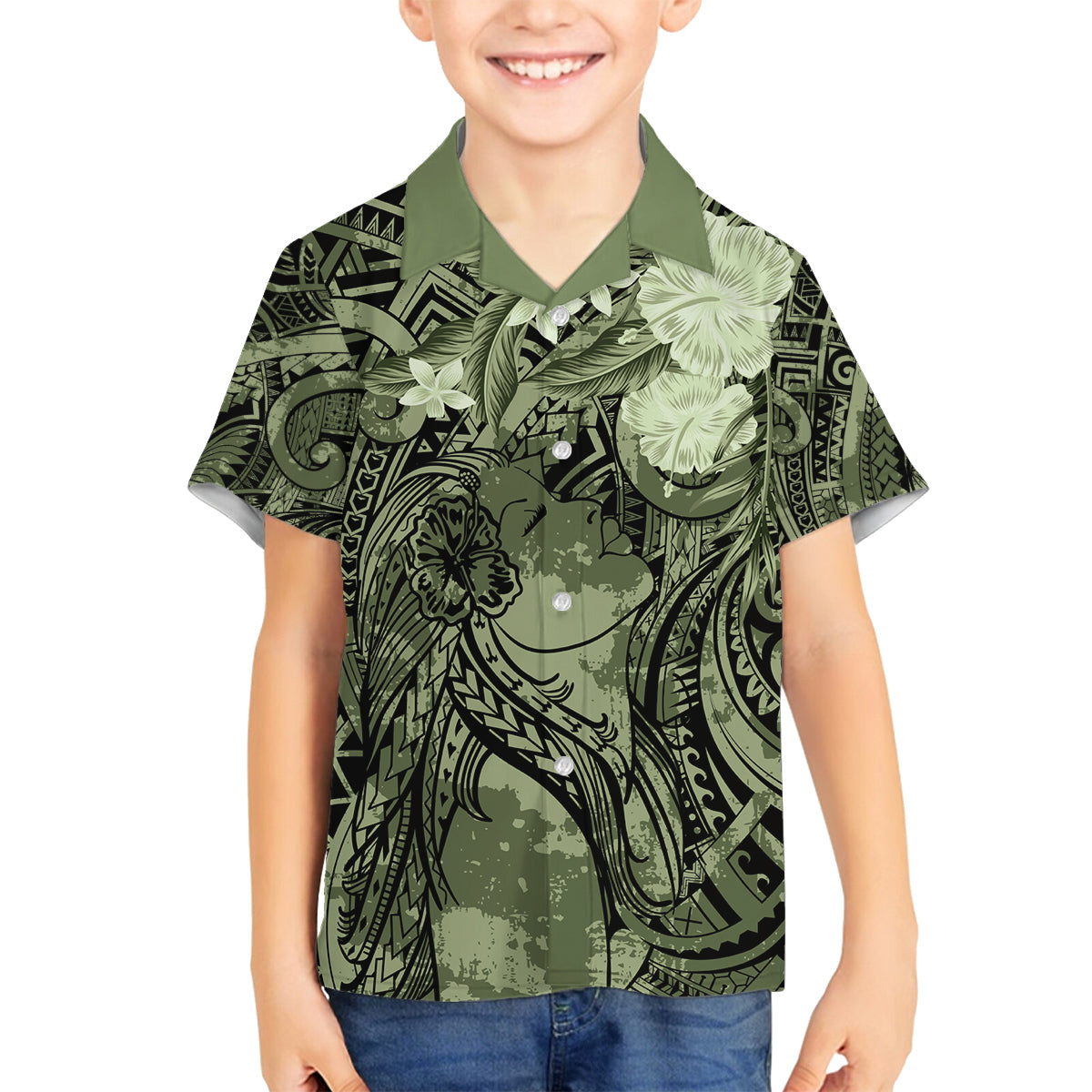 Pacific Beauty Girl Family Matching Tank Maxi Dress and Hawaiian Shirt Green Polyneisan Tribal Vintage Motif