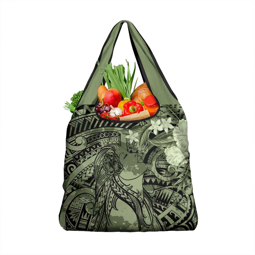 Pacific Beauty Girl Grocery Bag Green Polyneisan Tribal Vintage Motif LT9 1-pack One Size Green - Polynesian Pride
