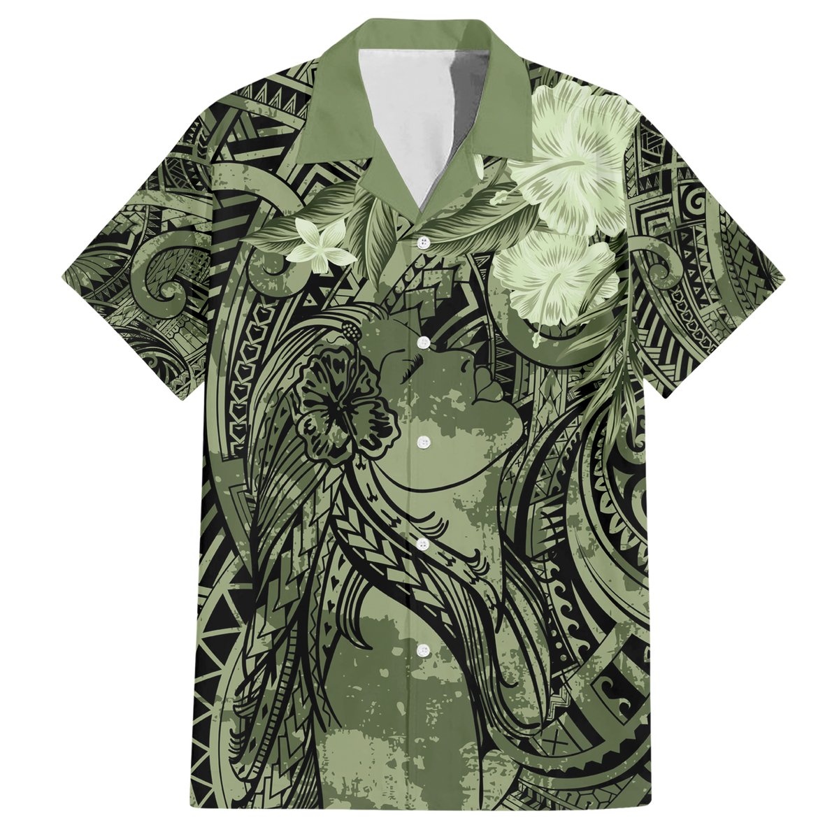 Pacific Beauty Girl Hawaiian Shirt Green Polyneisan Tribal Vintage Motif LT9 Green - Polynesian Pride