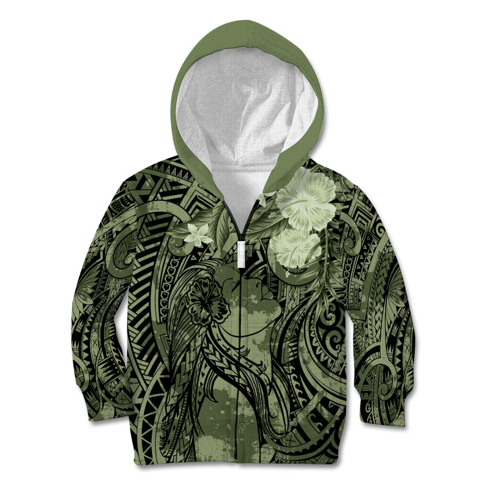 Pacific Beauty Girl Kid Hoodie Green Polyneisan Tribal Vintage Motif