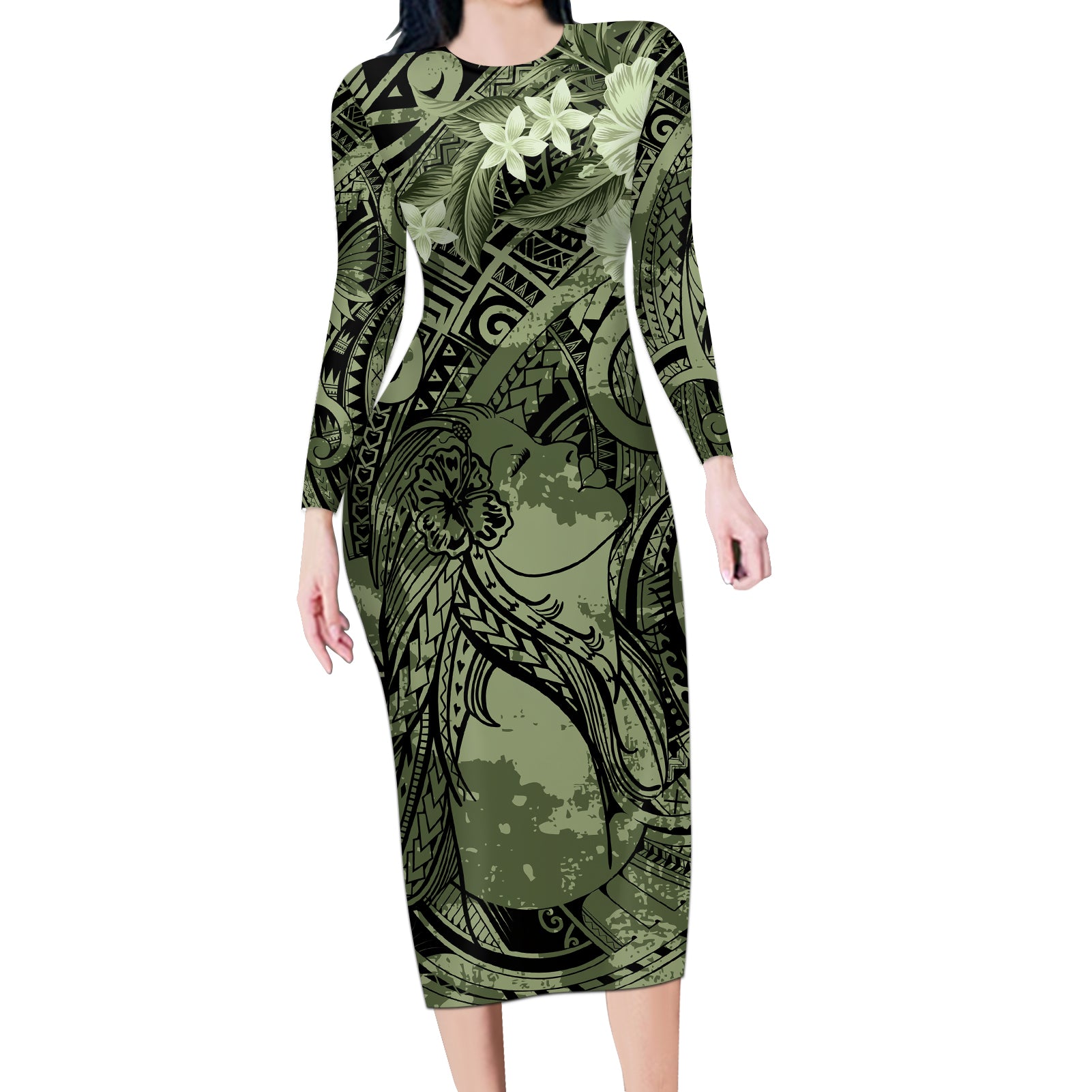 Pacific Beauty Girl Long Sleeve Bodycon Dress Green Polyneisan Tribal Vintage Motif