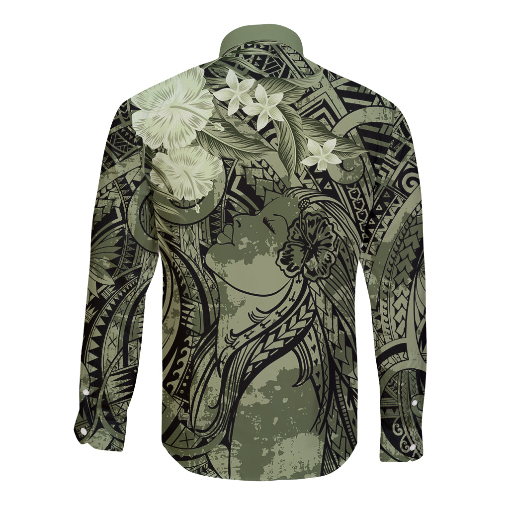 Pacific Beauty Girl Long Sleeve Button Shirt Green Polyneisan Tribal Vintage Motif