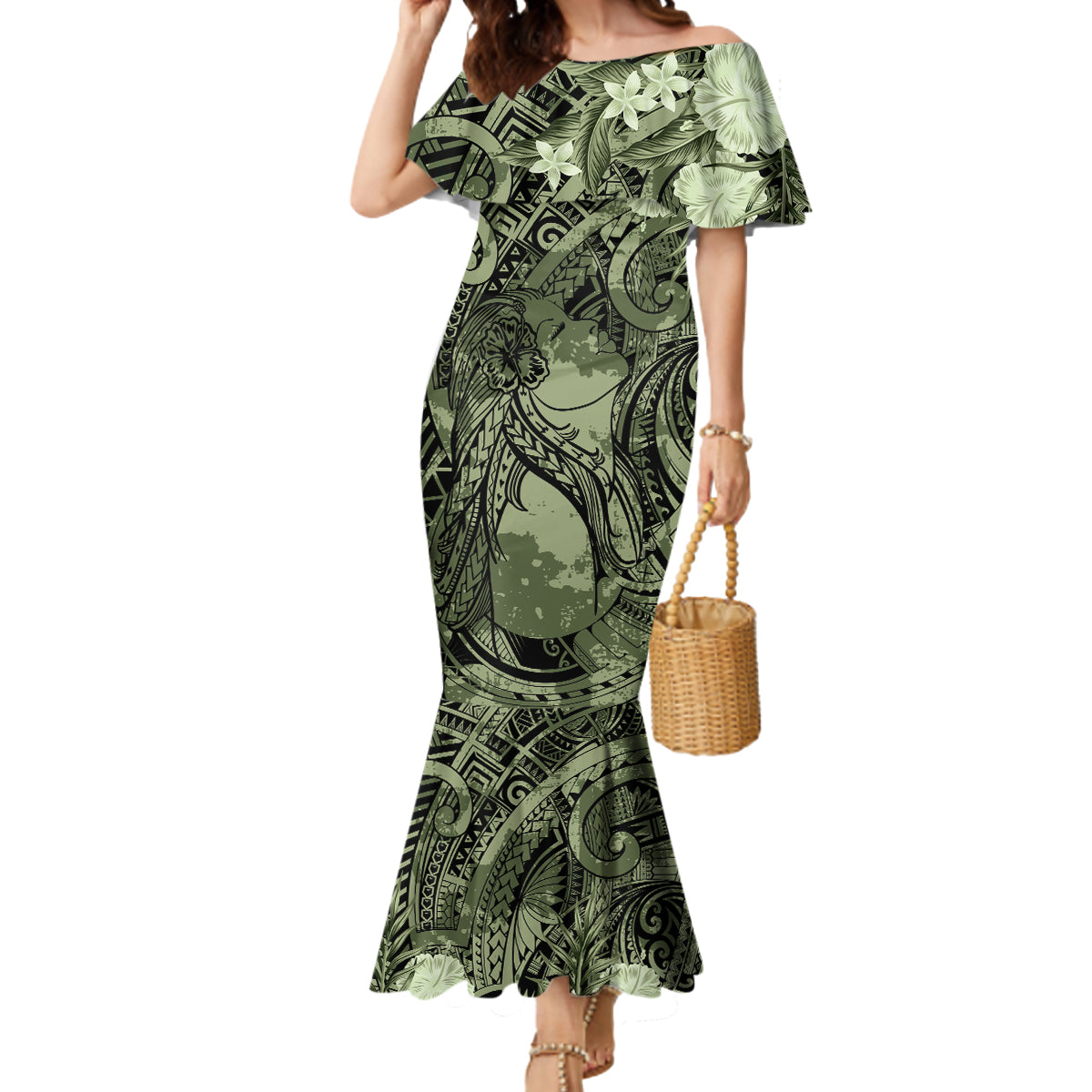 Pacific Beauty Girl Mermaid Dress Green Polyneisan Tribal Vintage Motif