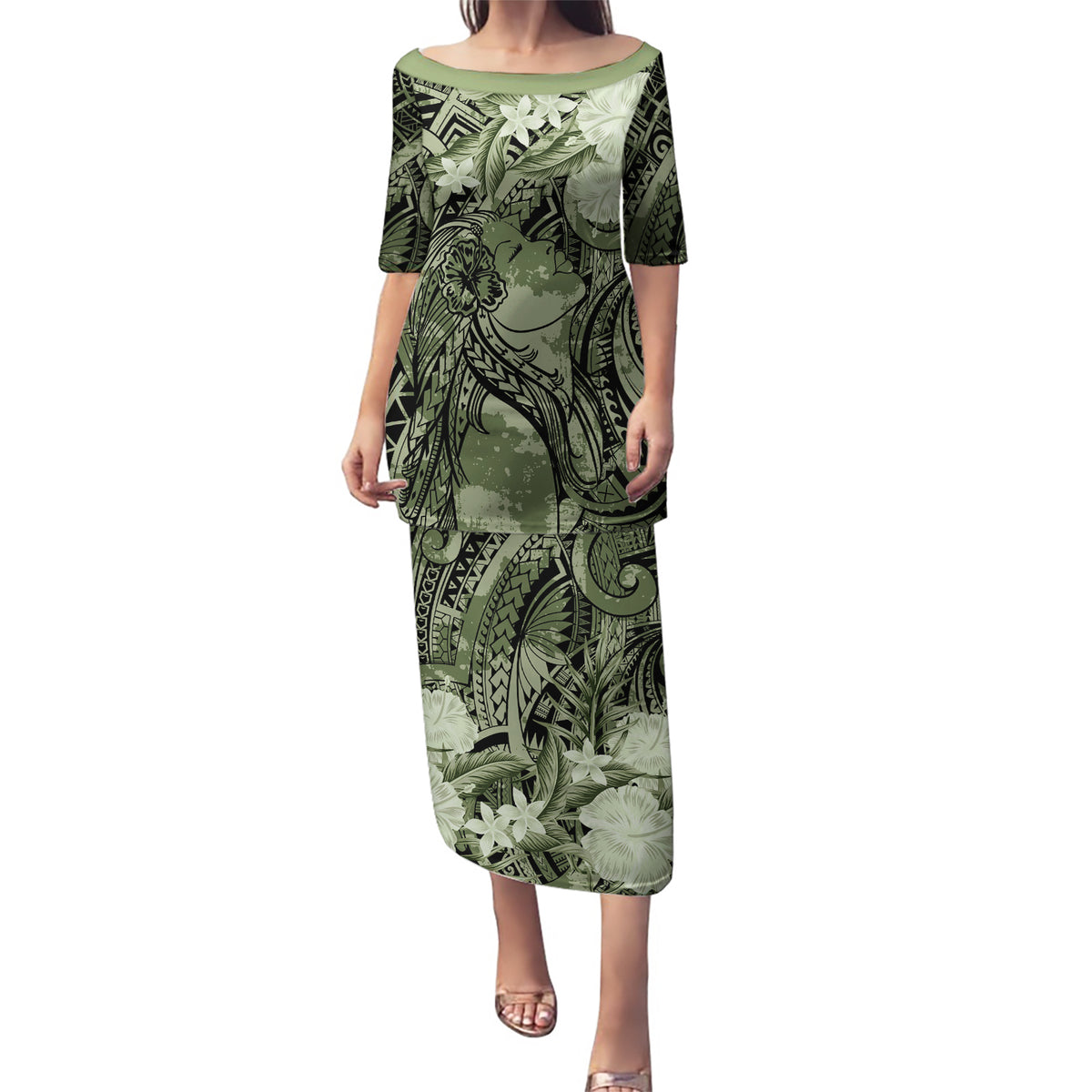 Pacific Beauty Girl Puletasi Green Polyneisan Tribal Vintage Motif LT9 Long Dress Green - Polynesian Pride