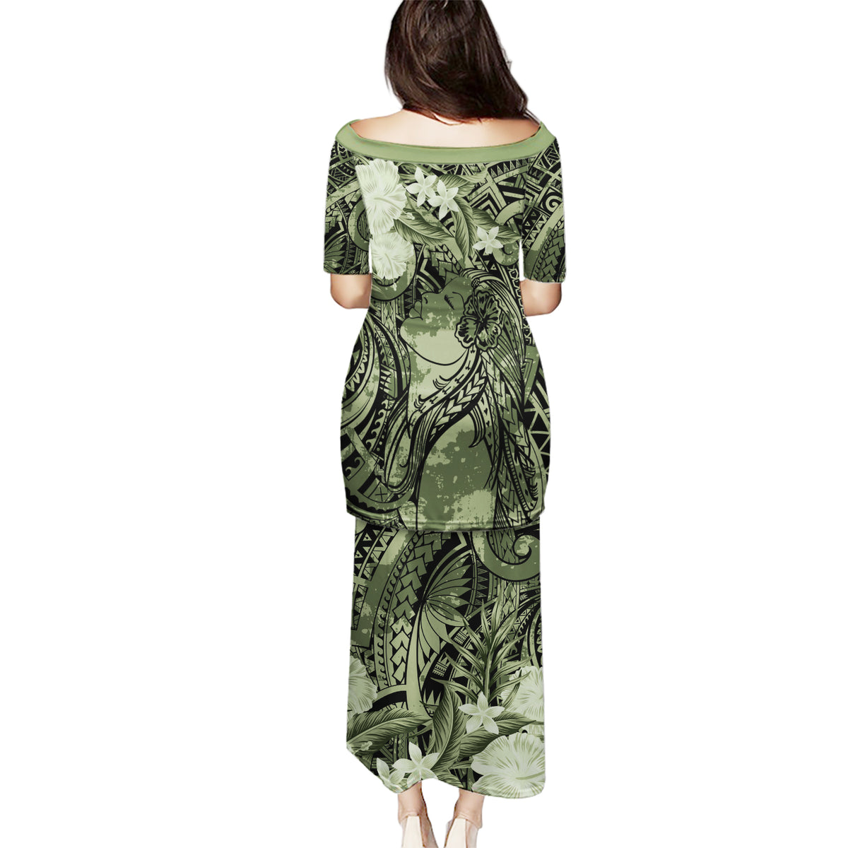 Pacific Beauty Girl Puletasi Green Polyneisan Tribal Vintage Motif LT9 - Polynesian Pride
