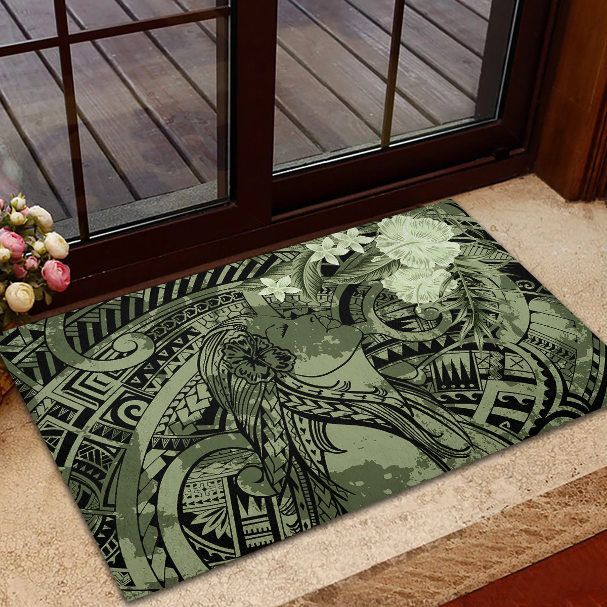 Pacific Beauty Girl Rubber Doormat Green Polyneisan Tribal Vintage Motif LT9 - Polynesian Pride