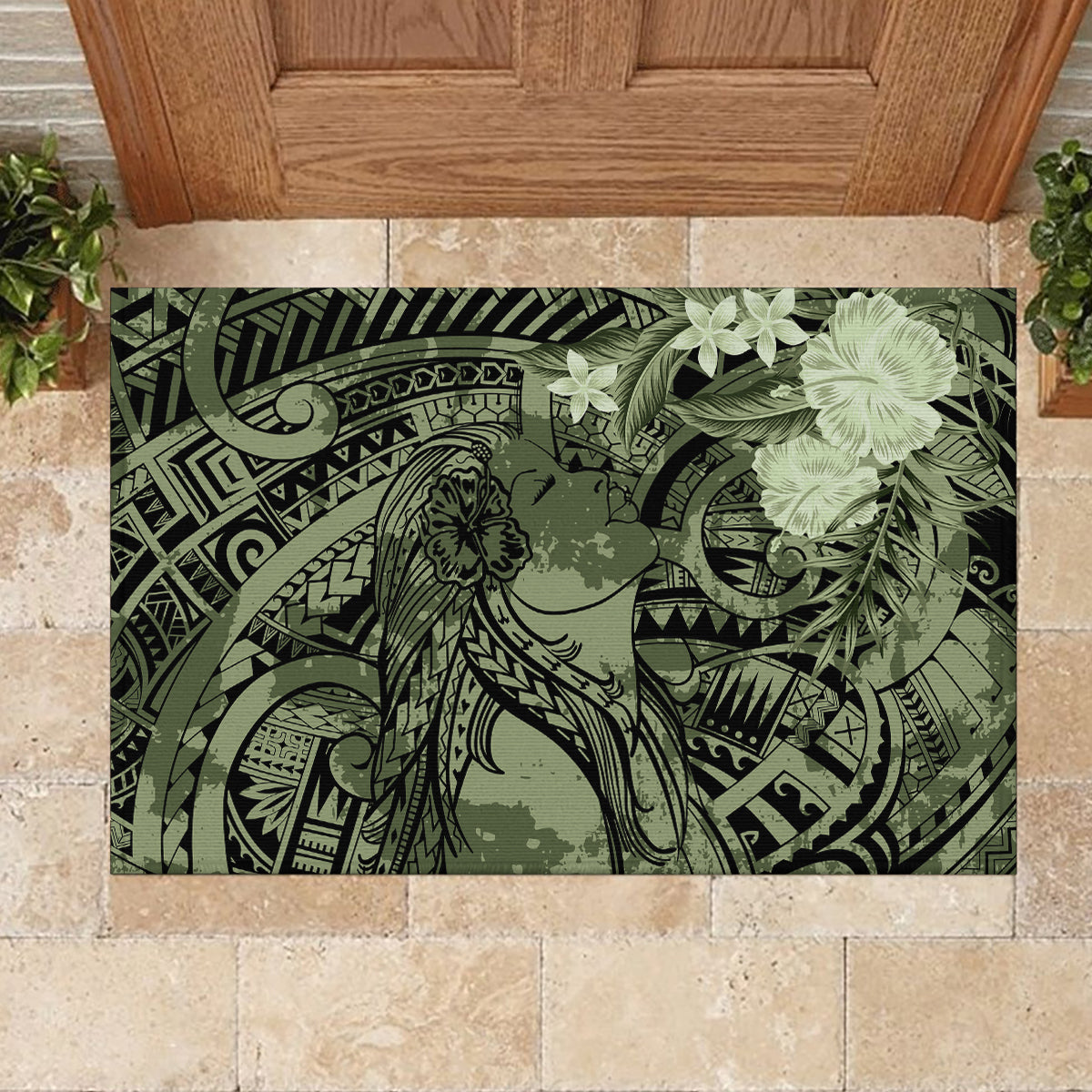 Pacific Beauty Girl Rubber Doormat Green Polyneisan Tribal Vintage Motif LT9 - Polynesian Pride