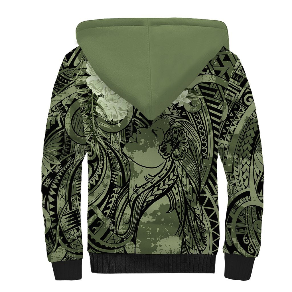 Pacific Beauty Girl Sherpa Hoodie Green Polyneisan Tribal Vintage Motif LT9 - Polynesian Pride