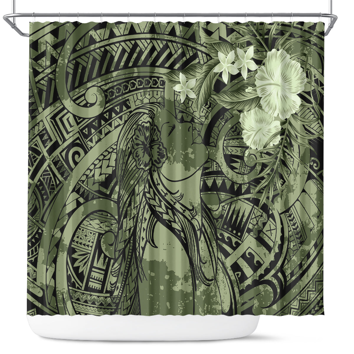 Pacific Beauty Girl Shower Curtain Green Polyneisan Tribal Vintage Motif