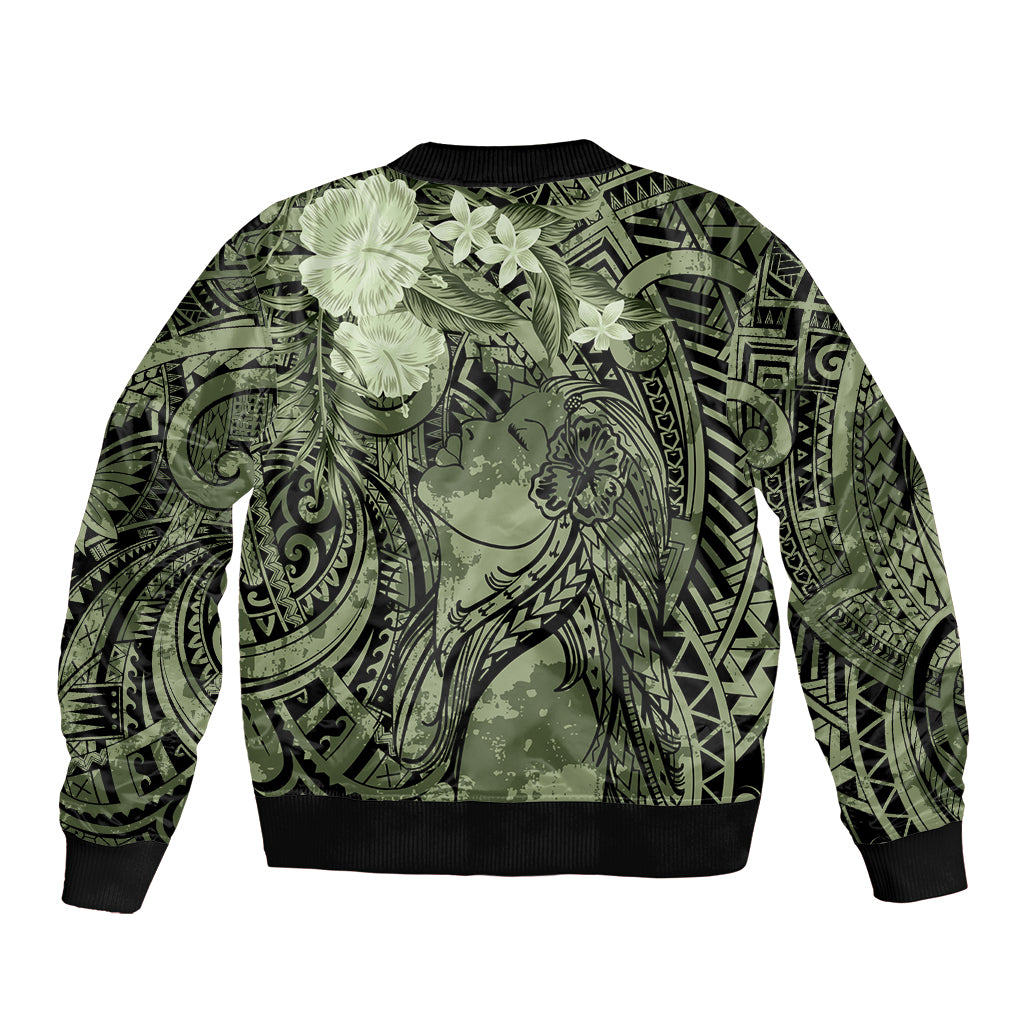 Pacific Beauty Girl Sleeve Zip Bomber Jacket Green Polyneisan Tribal Vintage Motif LT9 - Polynesian Pride