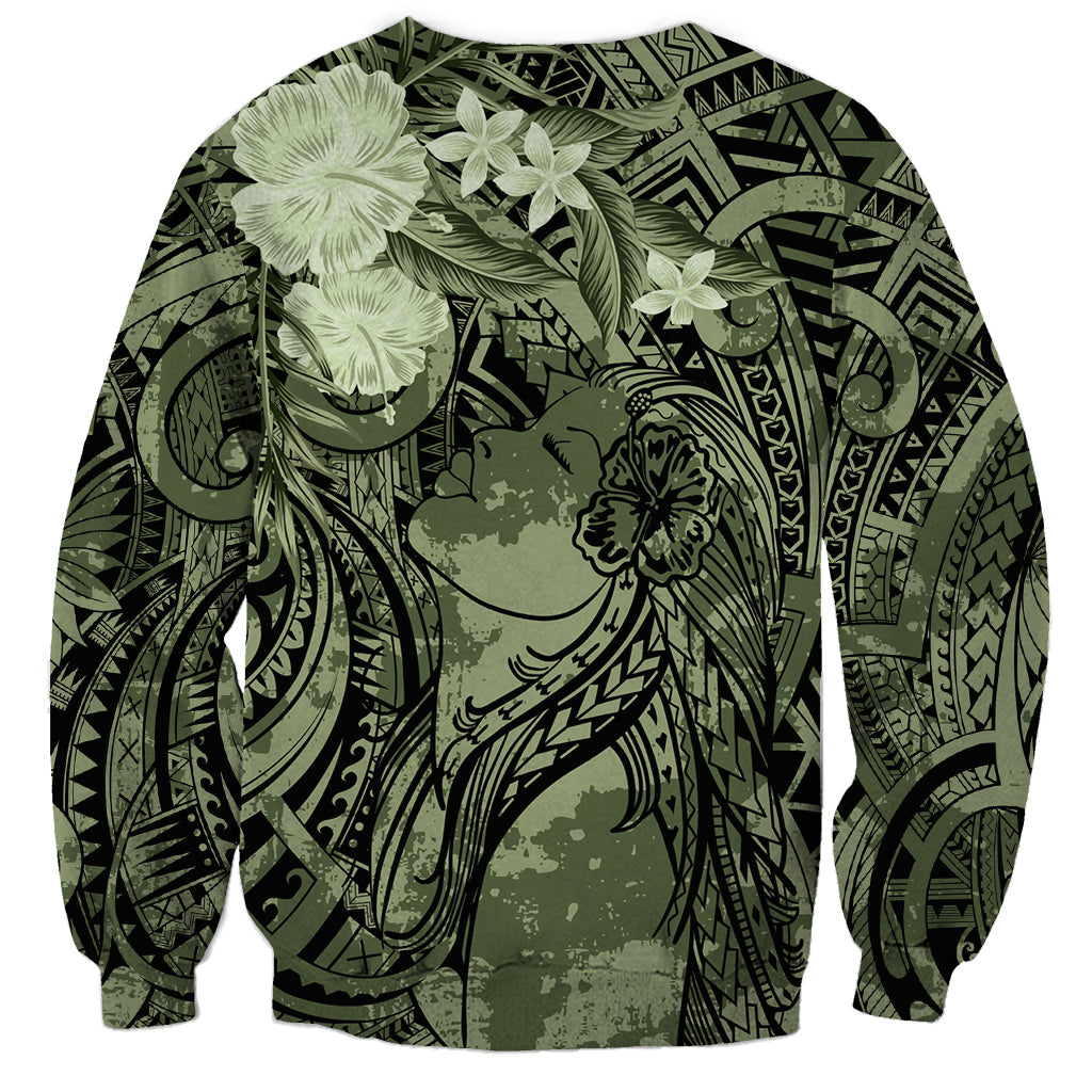 Pacific Beauty Girl Sweatshirt Green Polyneisan Tribal Vintage Motif