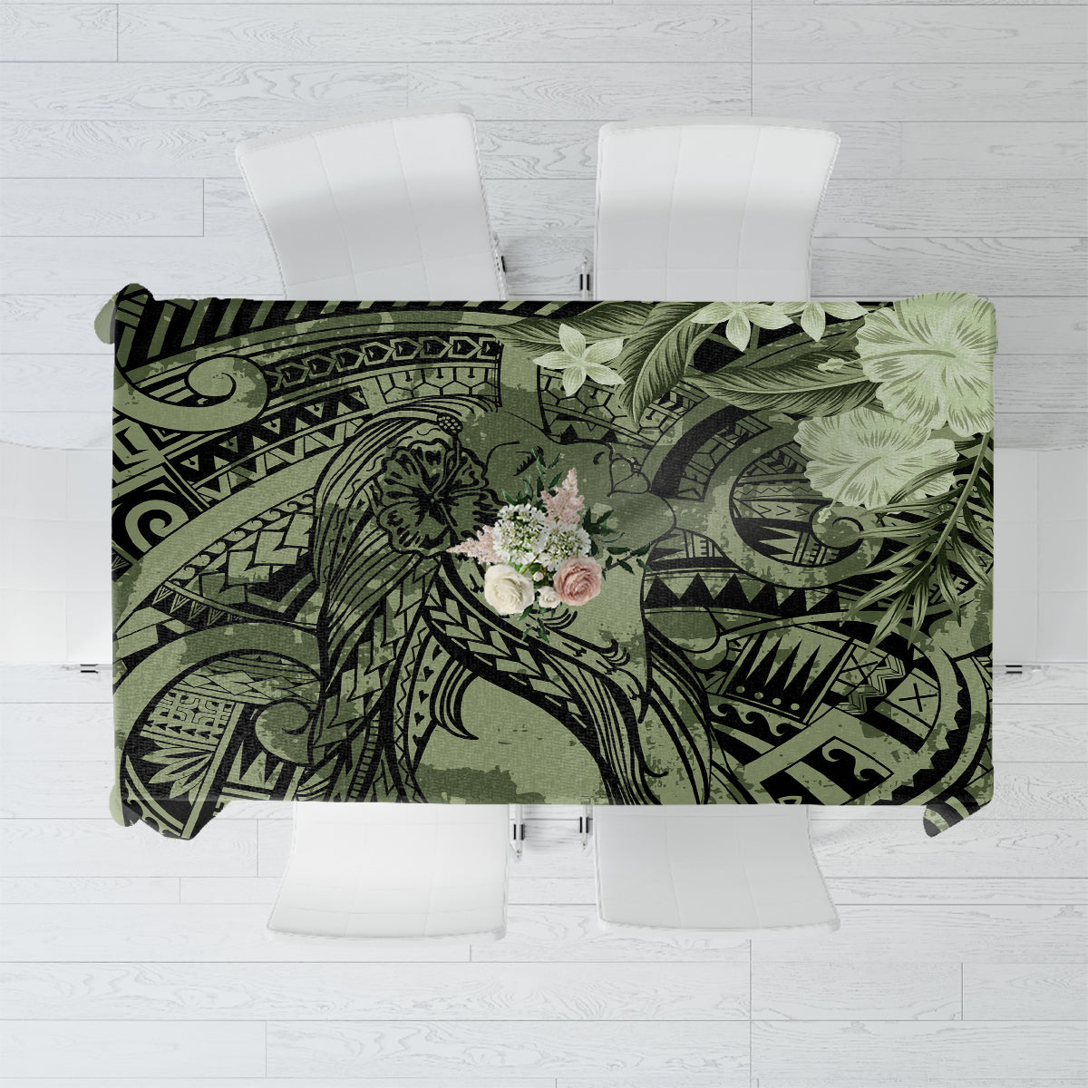 Pacific Beauty Girl Tablecloth Green Polyneisan Tribal Vintage Motif LT9 Green - Polynesian Pride