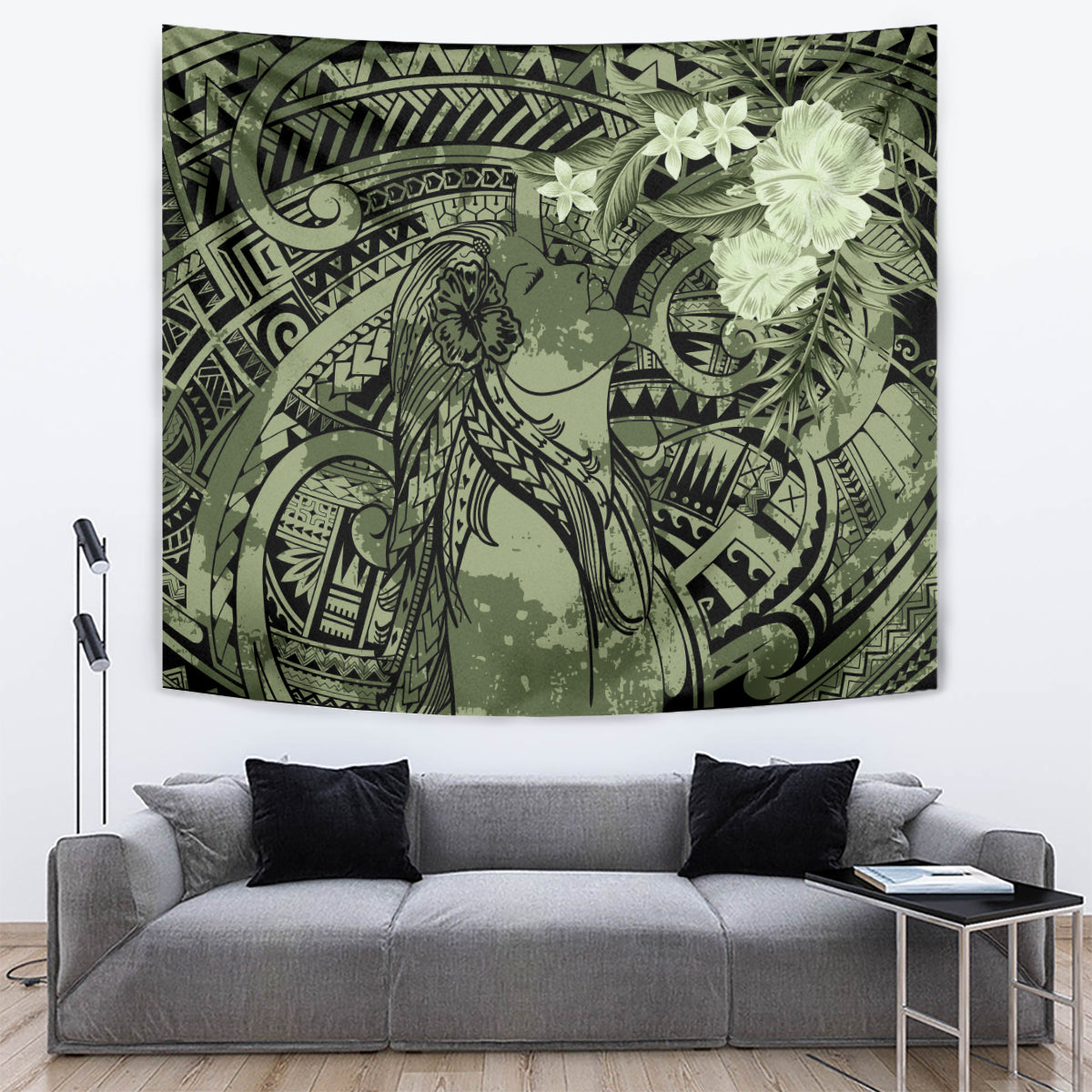 Pacific Beauty Girl Tapestry Green Polyneisan Tribal Vintage Motif LT9 Green - Polynesian Pride