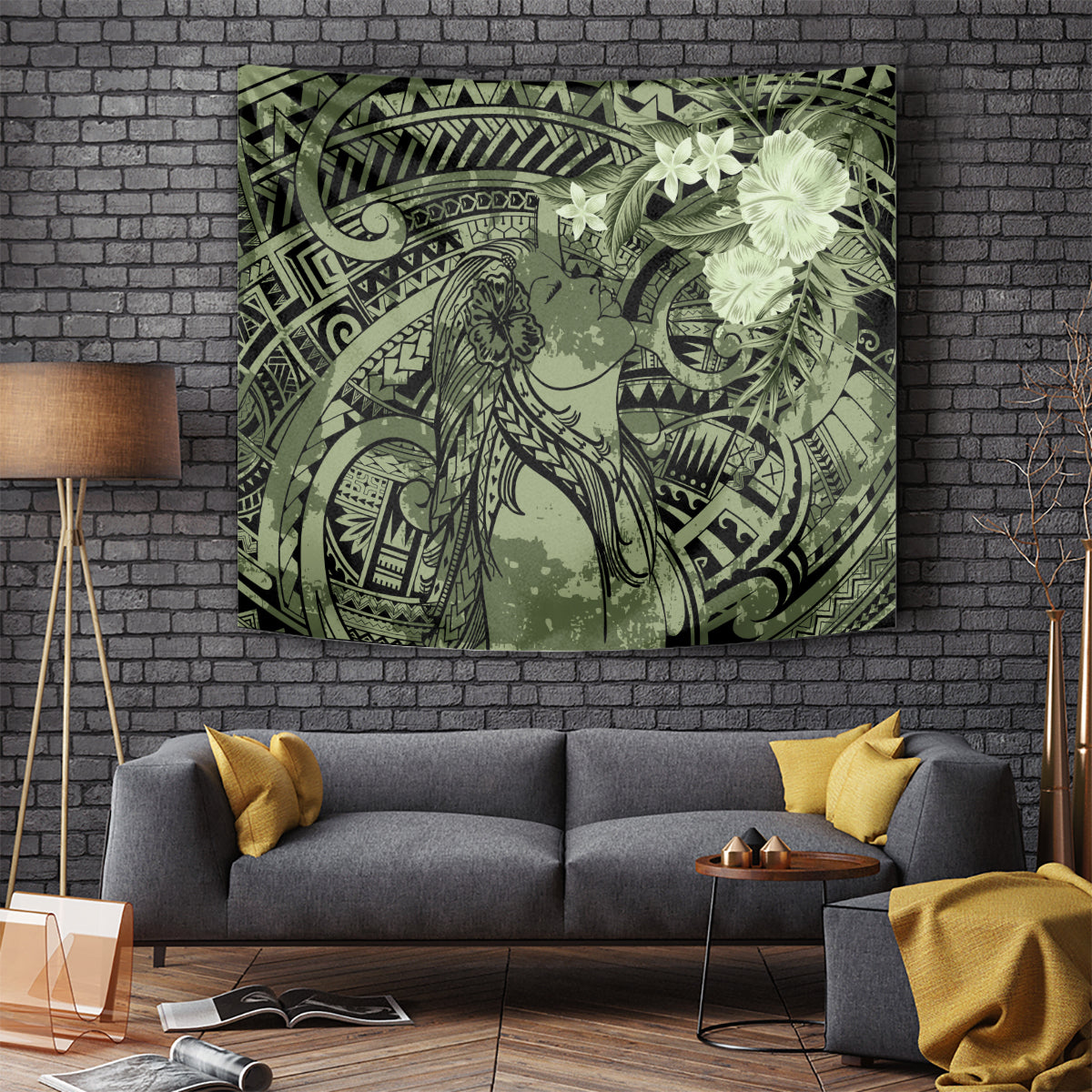 Pacific Beauty Girl Tapestry Green Polyneisan Tribal Vintage Motif LT9 - Polynesian Pride