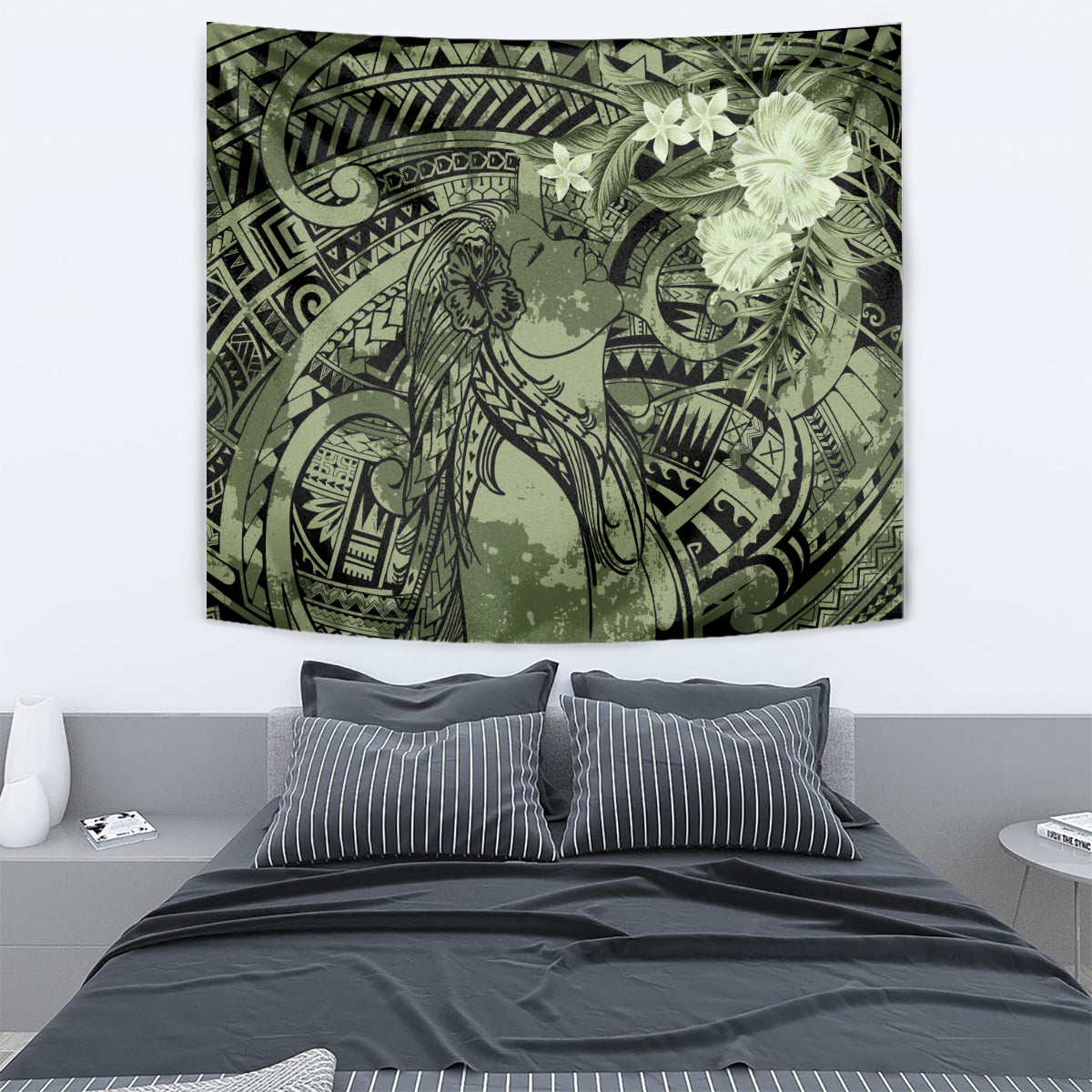 Pacific Beauty Girl Tapestry Green Polyneisan Tribal Vintage Motif LT9 - Polynesian Pride