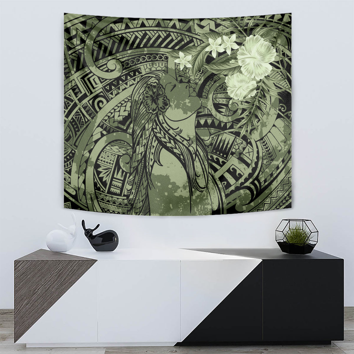 Pacific Beauty Girl Tapestry Green Polyneisan Tribal Vintage Motif LT9 - Polynesian Pride