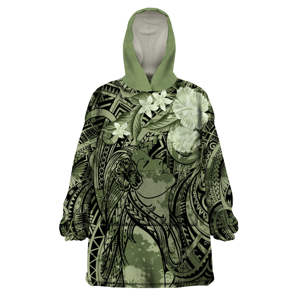 Pacific Beauty Girl Wearable Blanket Hoodie Green Polyneisan Tribal Vintage Motif LT9 One Size Green - Polynesian Pride