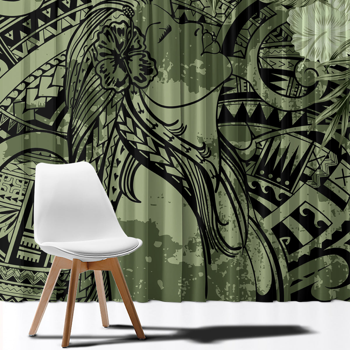 Pacific Beauty Girl Window Curtain Green Polyneisan Tribal Vintage Motif LT9 - Polynesian Pride