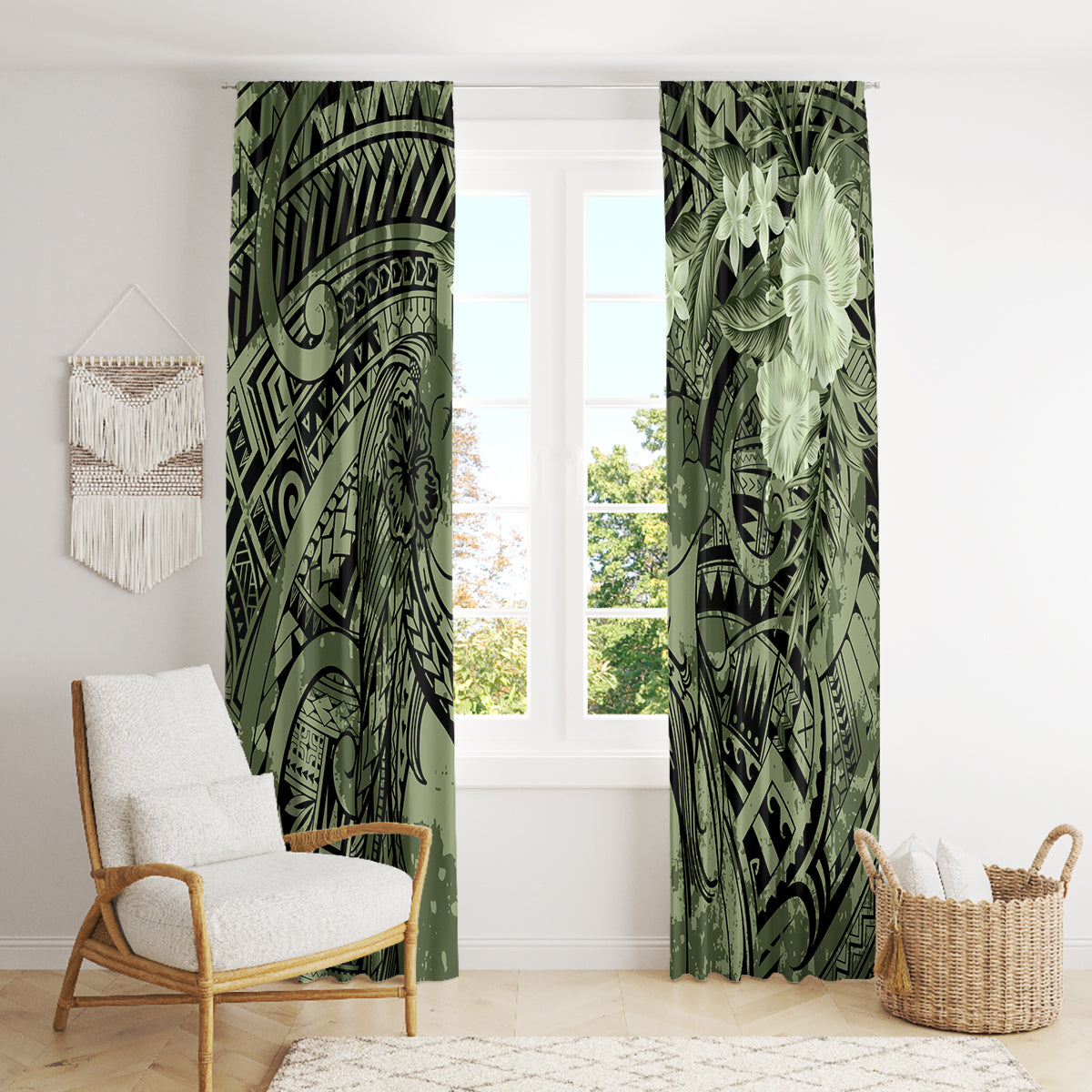 Pacific Beauty Girl Window Curtain Green Polyneisan Tribal Vintage Motif LT9 - Polynesian Pride
