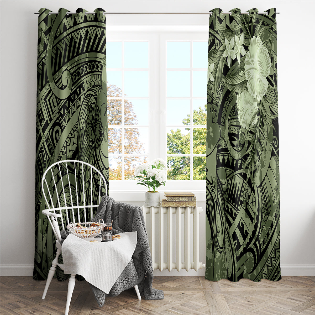 Pacific Beauty Girl Window Curtain Green Polyneisan Tribal Vintage Motif LT9 - Polynesian Pride