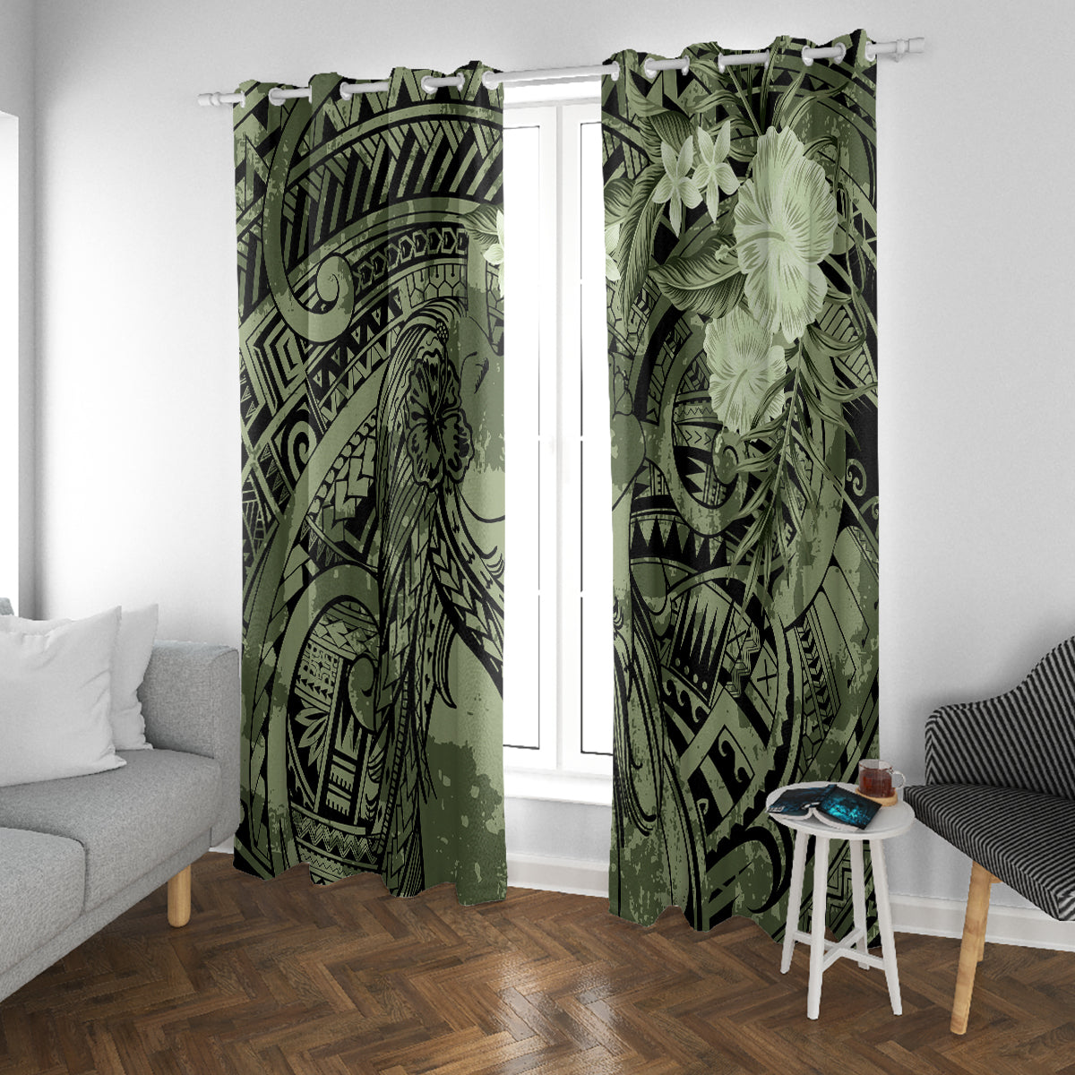 Pacific Beauty Girl Window Curtain Green Polyneisan Tribal Vintage Motif LT9 With Grommets Green - Polynesian Pride