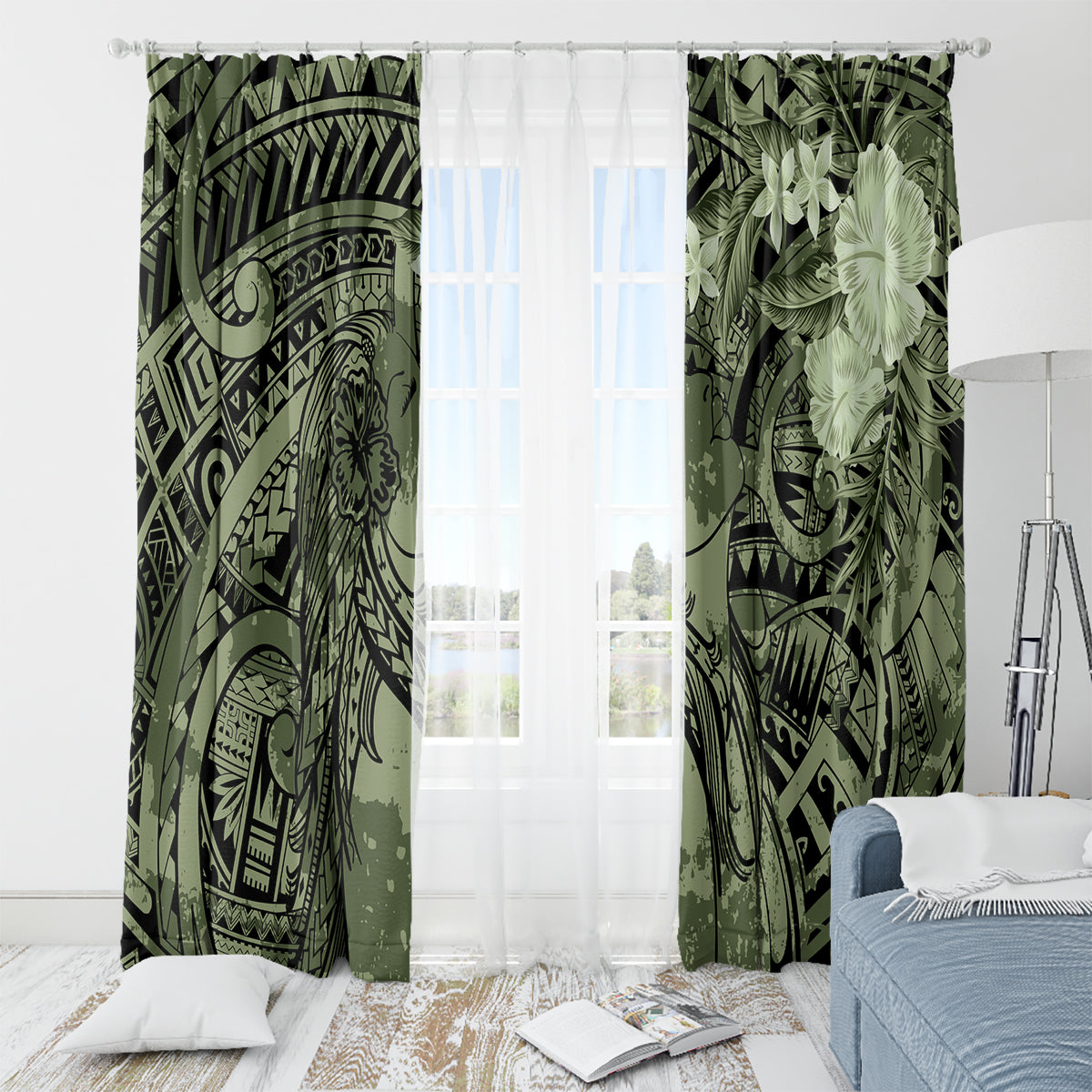 Pacific Beauty Girl Window Curtain Green Polyneisan Tribal Vintage Motif LT9 - Polynesian Pride