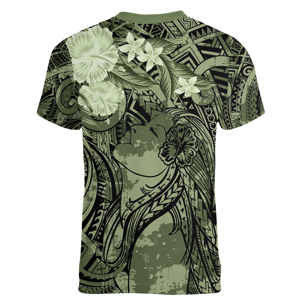 Pacific Beauty Girl Women V-Neck T-Shirt Green Polyneisan Tribal Vintage Motif