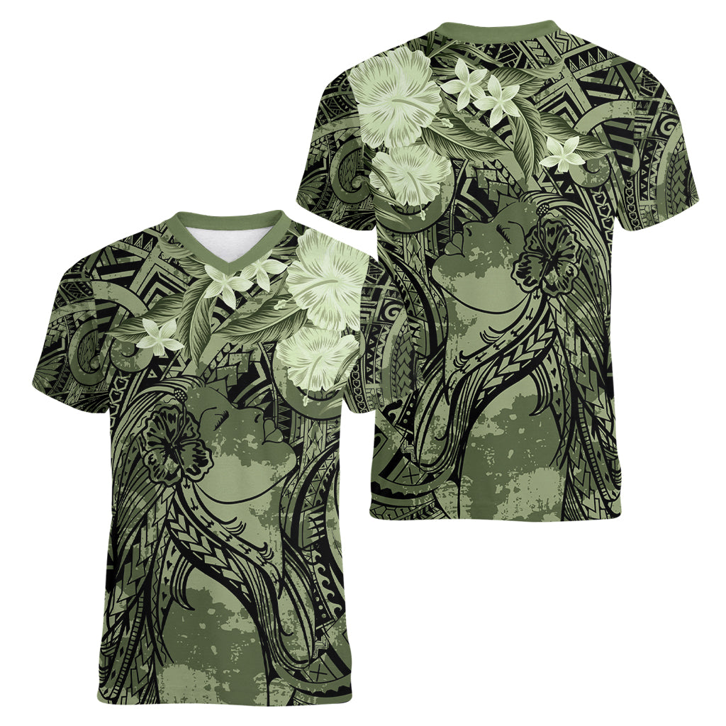 Pacific Beauty Girl Women V-Neck T-Shirt Green Polyneisan Tribal Vintage Motif