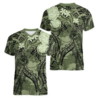 Pacific Beauty Girl Women V-Neck T-Shirt Green Polyneisan Tribal Vintage Motif