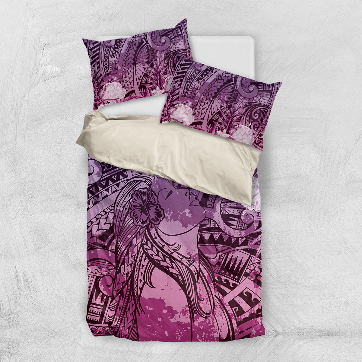 Pacific Beauty Girl Bedding Set Pink Polyneisan Tribal Vintage Motif LT9 US Twin 172cm x 218cm Pink - Polynesian Pride