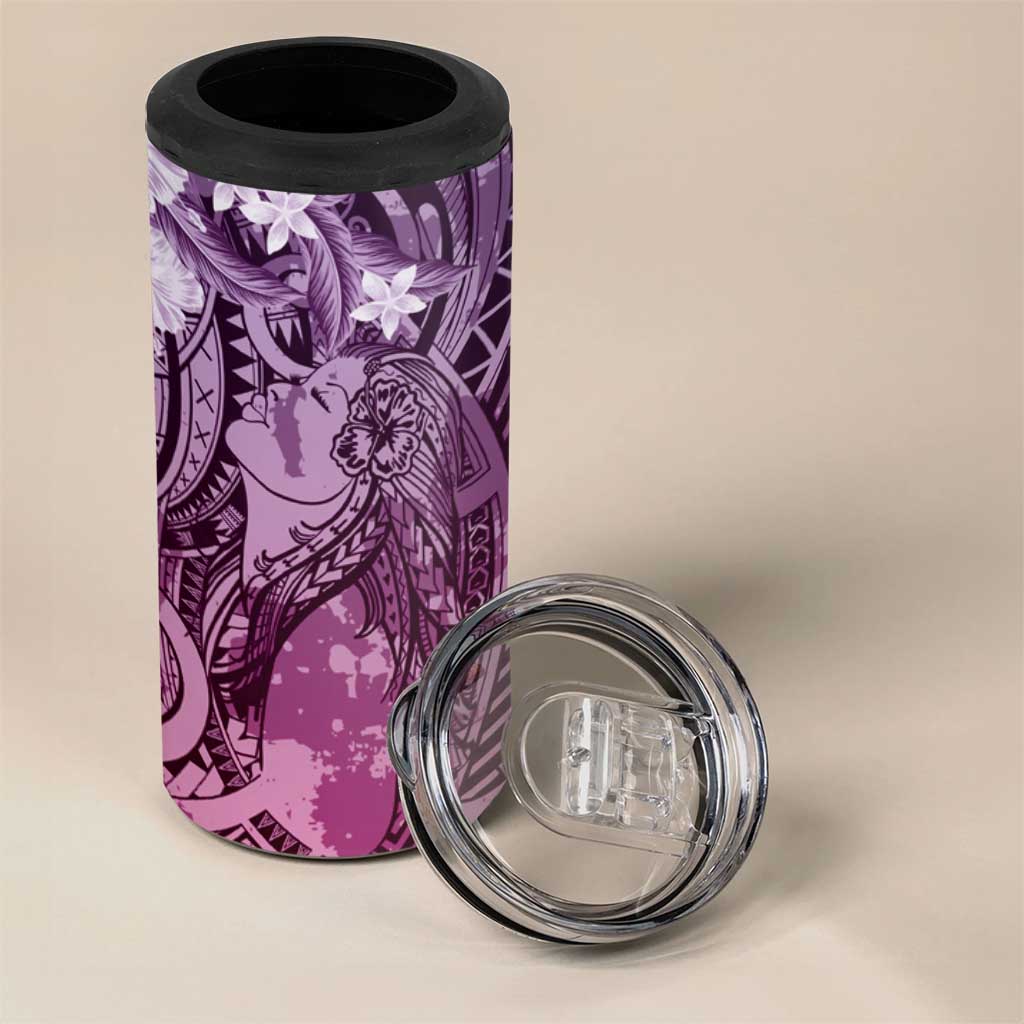 Pacific Beauty Girl 4 in 1 Can Cooler Tumbler Pink Polyneisan Tribal Vintage Motif