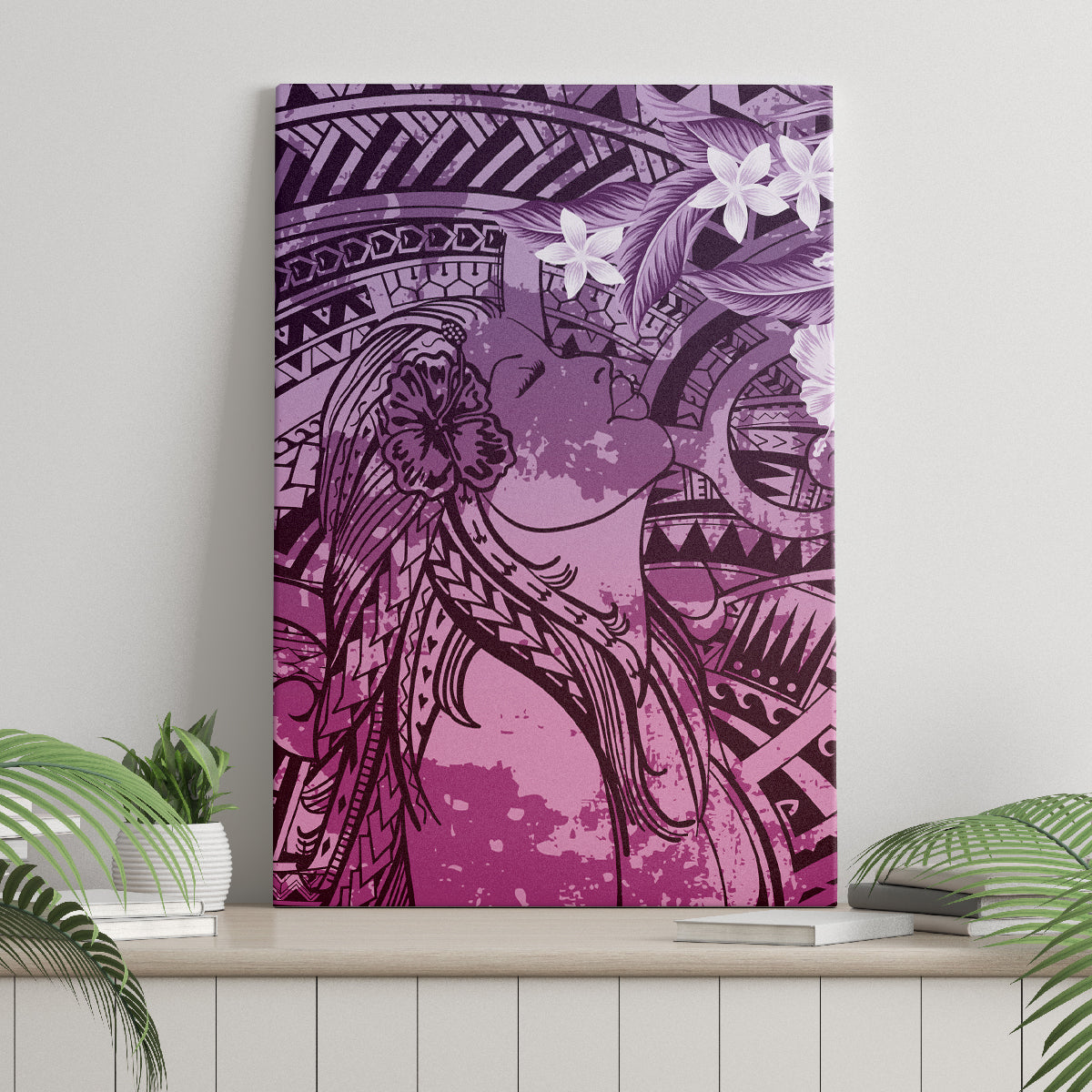 Pacific Beauty Girl Canvas Wall Art Pink Polyneisan Tribal Vintage Motif LT9 - Polynesian Pride
