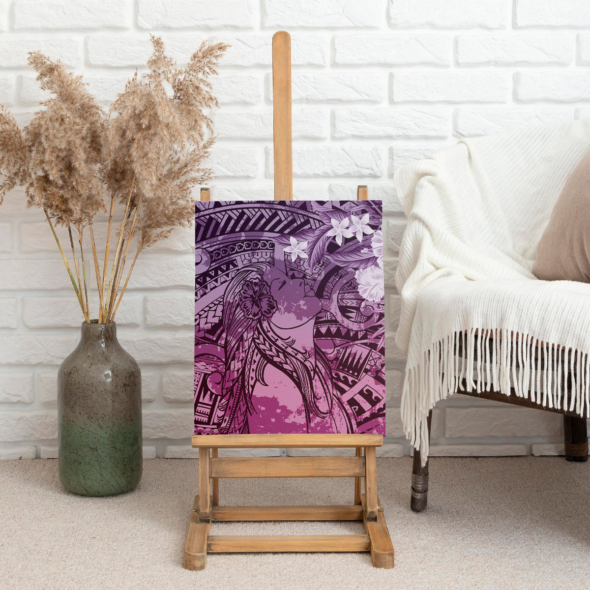 Pacific Beauty Girl Canvas Wall Art Pink Polyneisan Tribal Vintage Motif LT9 - Polynesian Pride