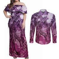 Pacific Beauty Girl Couples Matching Off Shoulder Maxi Dress and Long Sleeve Button Shirt Pink Polyneisan Tribal Vintage Motif