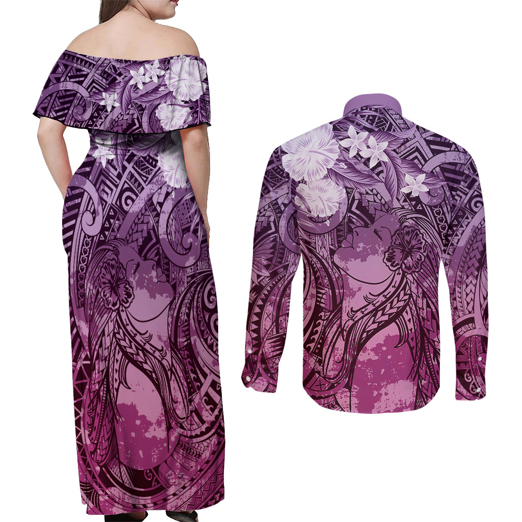 Pacific Beauty Girl Couples Matching Off Shoulder Maxi Dress and Long Sleeve Button Shirt Pink Polyneisan Tribal Vintage Motif