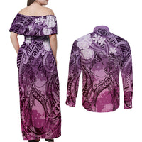 Pacific Beauty Girl Couples Matching Off Shoulder Maxi Dress and Long Sleeve Button Shirt Pink Polyneisan Tribal Vintage Motif